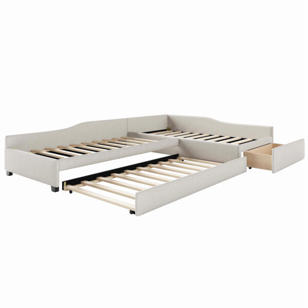 Upholstered Double Twin Size Daybed with Trundle and Drawer, Beige(Expected Arrival Time: 6.27)