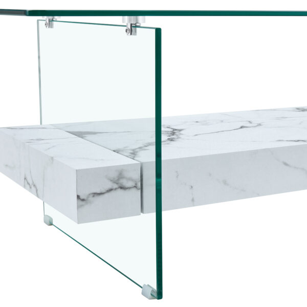 7997979410ce4f809c891384614533df_d4143dace6a4d9347ca10a63150c0df2 43.3 Inch Modern Two-Tier Coffee Table - An Elegant Combination of Clear Glass and White Marble Pattern.It can be used not only as a coffee table but also as a side table or display stand.