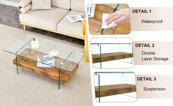 7a1da834658e48679d7a705995e88d74_cfdba6571f6e0ecf93a085d40322ef36 43.3 Inch Modern Two-Tier Coffee Table - An Elegant Combination of Clear Glass and Light Wood Texture Sticker.It can be used not only as a coffee table but also as a side table or display stand.