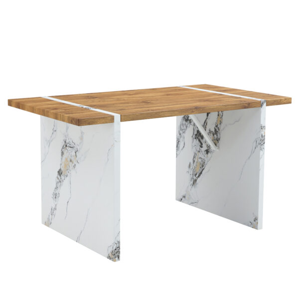 7a231d3fce744b32966d349977cc0324_0970a44181029748a9ef09813fb2a429 Natural Wood Grain MDF Dining Table - 55"x31.5" Stable Design.Suitable For Various Modern Home Decor Styles.Splicing structure design,Wood Textured Desktop,White Marble Patterned Table Legs.