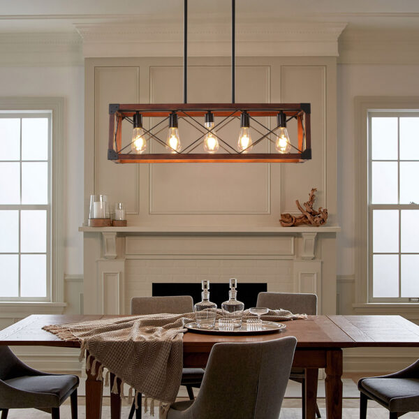 (Same as W1340P155968/L1011-RW) 32" Red Wood Industrial Farmhouse Rectangle Pendant Light, 5-Light Chandelier for Dining Room, Kitchen Island, Cafe Decor (No Bulbs)