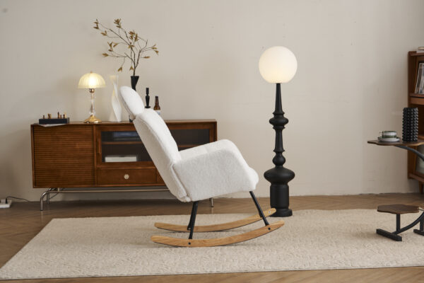 055-Teddy Fabric Upholstered Nursery Rocking Glider Chair Modern Accent Armchair Padded Seat with High Backrest and Pillow for Living Room Bedroom (Ivory)