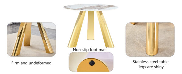 7ad9f5b46f6b4dfea67e229e3ce27c89_bc67841be49b9fef5b98009a0b116e9b A 42-inch stainless steel white pattern burning stone round table with gold legs Round table suitable for 2, 4 or 6 people