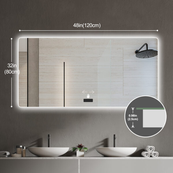 48x32in Frameless bathroom mirror with light, LED backlit mirror, tri-color dimming, anti-fog function, waterproof, smart sensor