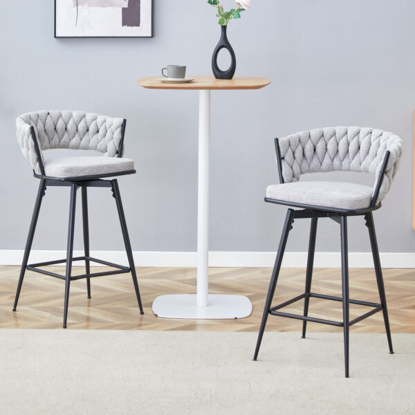 Set of 2 Swivel Bar Stools with Breathable Linen Cushions - Light Gray Seat & Black Iron Frame, Counter Height Stools for Kitchen Island, Dining or Pub