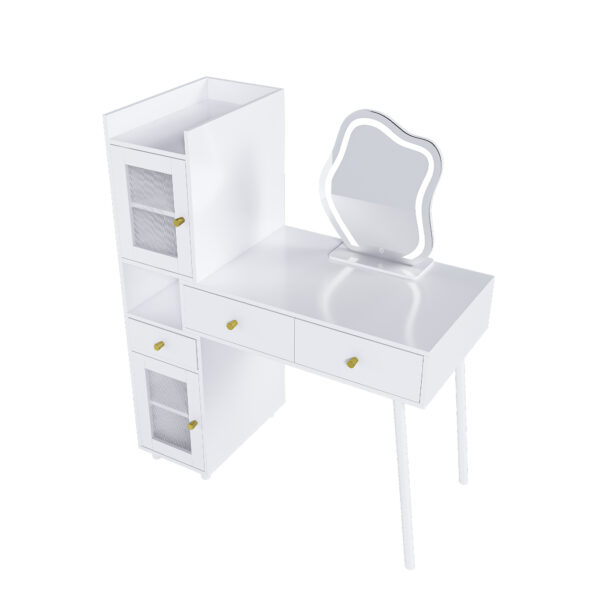 7b979947c21447509bd610e0f2ee6256_4a0118d21ef074f1990542e25d060ad7 Vanity Dressing Table with LED Mirror & Storage – White Makeup Desk Features 3 Drawers, 2 Open Shelves & 4 Hidden Cabinets (Transparent Doors) - 3 Adjustable Lighting Modes - Ideal for Bedroom or Livi