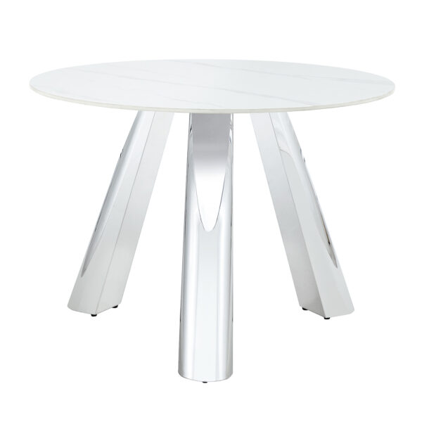 7bc7fe26c86044ef832ee56b4bf9448b_5216c12b9d7b1e08fa1670b464174e64 A 42-inch stainless steel leg round table with a marble top is suitable for use by four or six people