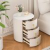 Upholstered Nightstand with 3 Drawers, Round Bedside Table with Metal Handles,Marbling Stickers Top Night Table for Bedroom, Fully Assembled Except Handles, Beige