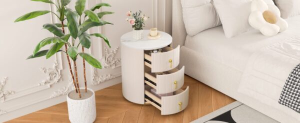 Upholstered Nightstand with 3 Drawers, Round Bedside Table with Metal Handles,Marbling Stickers Top Night Table for Bedroom, Fully Assembled Except Handles, Beige