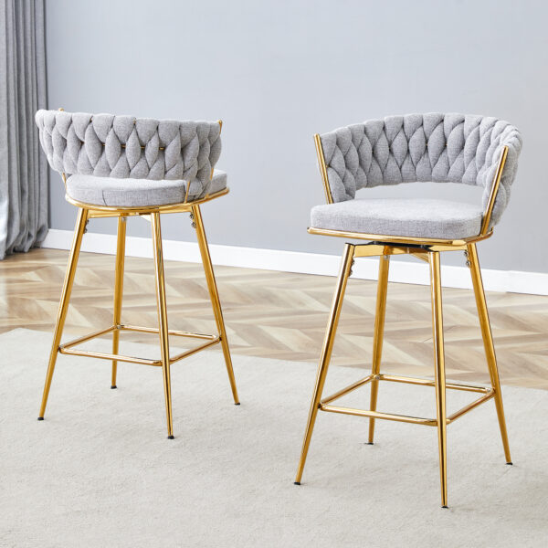 Two sets of swivel bar stools with breathable cotton and linen soft cushions, electroplated metal frames without rust, suitable for restaurant and bar use, as well as for casual seating in living room