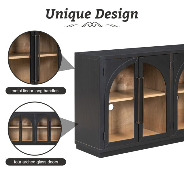 TREXM 4-Door Large Storage Sideboard Buffet Cabinet with Glass Doors, Arched Cabinet with Adjustable Shelves for Kitchen, Dining Room and Living Room (Black)