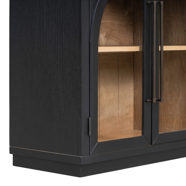 TREXM 4-Door Large Storage Sideboard Buffet Cabinet with Glass Doors, Arched Cabinet with Adjustable Shelves for Kitchen, Dining Room and Living Room (Black)
