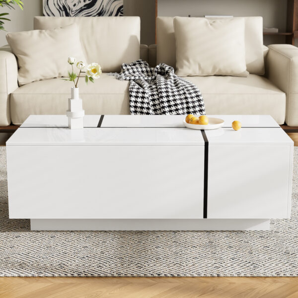 U-Can 47.2''-72.7'' Extendable Coffee Table, Multi-Functional Coffee Table with High-Gloss Finish, Coffee Table with 2 Hidden Storage Space and 2 Drawers for Living Room