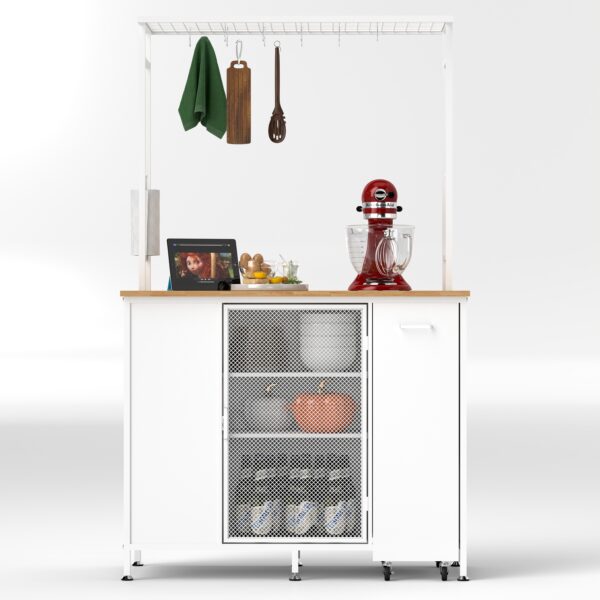 Kitchen Island with Storage Space, Breakfast Bar with Folding Flip-Up Panel, Large Storage Cabinet Shelves and Drawers, Large Coffee Bar Table with Hooks, White