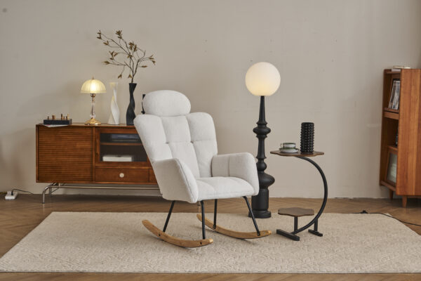 055-Teddy Fabric Upholstered Nursery Rocking Glider Chair Modern Accent Armchair Padded Seat with High Backrest and Pillow for Living Room Bedroom (Ivory)