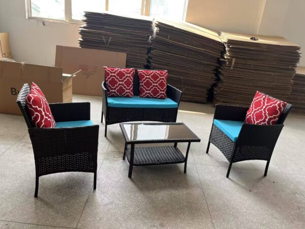 7cf3b7ff58cc43e89c675182a9af83ef_80bc3e3a1991f6e7cfdea89762abdadb Four-Piece Sofa Set Table With Sofa Chair PE Rattan Outdoor Furniture HY4-001 Box *1 With Sapphire Blue Color Cushion