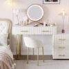 Velvet Upholstered Vanity Desk with Chair, Vanity Set with 5 Big Drawers, Makeup Table with Padded Chair, Marble-Look Sticker Top Dressing Table with Left/Right Adjustable Storage, Beige