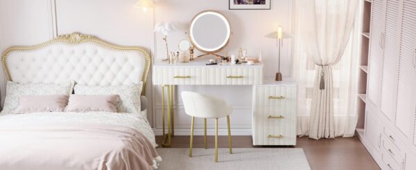 Velvet Upholstered Vanity Desk with Chair, Vanity Set with 5 Big Drawers, Makeup Table with Padded Chair, Marble-Look Sticker Top Dressing Table with Left/Right Adjustable Storage, Beige