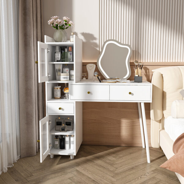 7d404dc40fb4439091dd72247edfc9bb_2fd8b586b8f263d2dbc98a56bcee9a45 Vanity Dressing Table with LED Mirror & Storage – White Makeup Desk Features 3 Drawers, 2 Open Shelves & 4 Hidden Cabinets (Transparent Doors) - 3 Adjustable Lighting Modes - Ideal for Bedroom or Livi