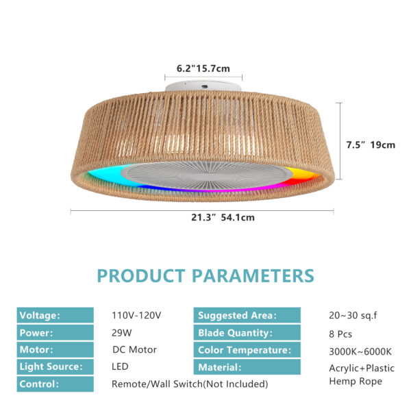 21" Modern Rustic Ceiling Fan Light with LED RGB Mood Lighting, Rope Woven Design, Quiet Fan, Semi Flush Mount for Bedroom, Living Room, or Dining Room ((Silent/6-Speed/Reversible/DC Motor))