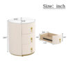 Upholstered Nightstand with 3 Drawers, Round Bedside Table with Metal Handles,Marbling Stickers Top Night Table for Bedroom, Fully Assembled Except Handles, Beige
