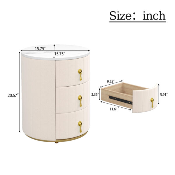 Upholstered Nightstand with 3 Drawers, Round Bedside Table with Metal Handles,Marbling Stickers Top Night Table for Bedroom, Fully Assembled Except Handles, Beige