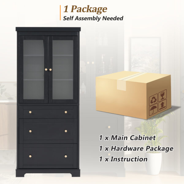 70.1" Modern High Freestanding Tall Bathroom Cabinet with 2 Adjustable Shelves, 3 Drawers, Soft Close Glass Doors – Ideal for Bathroom, Living Room, Kitchen Storage
