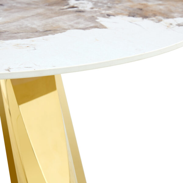 7dcaf1ce00564e61931cb1579431de03_6d7d93977aa4d42b80337d3f4058097f A 42-inch stainless steel white pattern burning stone round table with gold legs Round table suitable for 2, 4 or 6 people