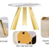 A 42-inch stainless steel white pattern burning stone round table with gold legs Round table suitable for 2, 4 or 6 people