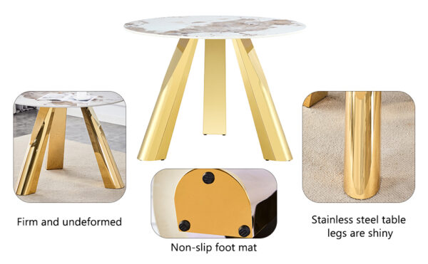 7e0ab95f917e4cfa9ff50afd46e1621c_12ae619ae734ffd80d019deab0f3f6bc A 42-inch stainless steel white pattern burning stone round table with gold legs Round table suitable for 2, 4 or 6 people
