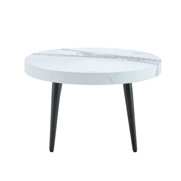 7e10b901f8ae4a6fa2c51f510b1ae4ee_558e59d27bf616e142c7d94a1a715f6a Elegant White Marble Pattern Round Coffee Table - Diameter 23.6 Inches, Exquisite Suction Molding Process,White Marble Pattern Design,Black Sprayed Metal Leg.