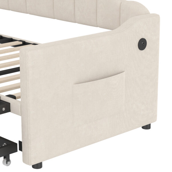 Upholstered Twin Size Daybed with Adjustable Height Pop Up Trundle Twin Bed and USB & Type-C Charging Port, Day Bed Frame with 2 Side Pockets, No Box-Spring Needed, Beige