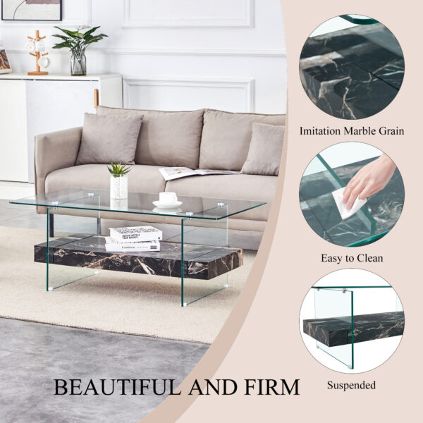 7e3998991df54f0599a3acc2c5742070_b89106036721a3a9f6d9de222fa36741 43.3 Inch Modern Two-Tier Coffee Table - An Elegant Combination of Clear Glass and Black Marble Pattern.It can be used not only as a coffee table but also as a side table or display stand.