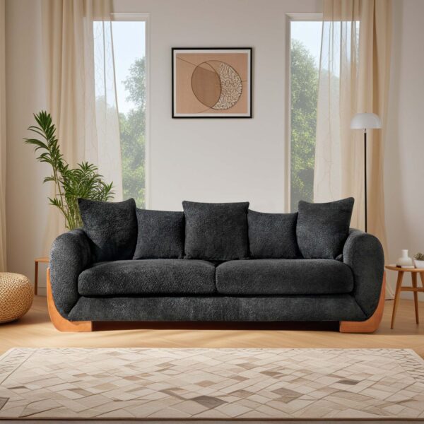 Modern Elegant Design 3 Seater Sofa with Wooden Legs, Comfortable Lambswool 5 Pillows for Living Room, Bedroom, Apartment, Black