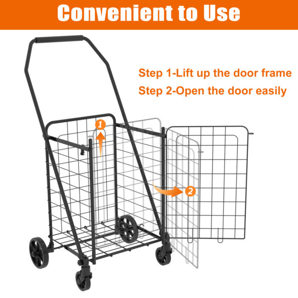 Shopping Cart with open door,Grocery Cart on Wheels, Foldable Utility Shopping Carts with Double Basket and 360° Rolling Swivel Wheels for Groceries Laundry