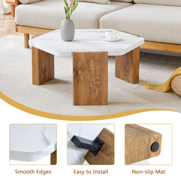 31-inch white marble-textured pentagonal coffee table - wooden triangular base, with a load-bearing capacity of 250 pounds, sturdy and durable, suitable for use in living rooms, cafes,.W1151138529