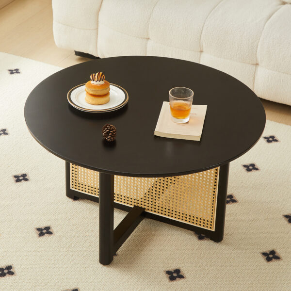 80863b8b573c4ad787e12923bade2da6_a47d861510cc070a0ce9676b9e46cb8a Mid-century wooden coffee table with PE cane stand, 31.5-inch round solid wood Bohemian style coffee table, unique central cocktail table for living rooms, apartments and offices