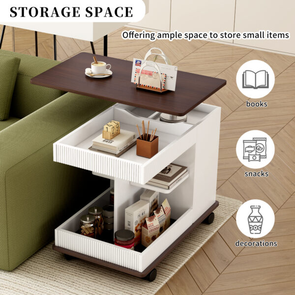 U-Can Adjustable End Table with Wheels, Modern Multifunctional Sofa Side Table with Lift-Top, 360°Rotating Top and Storage Space for Living Room, Small Space