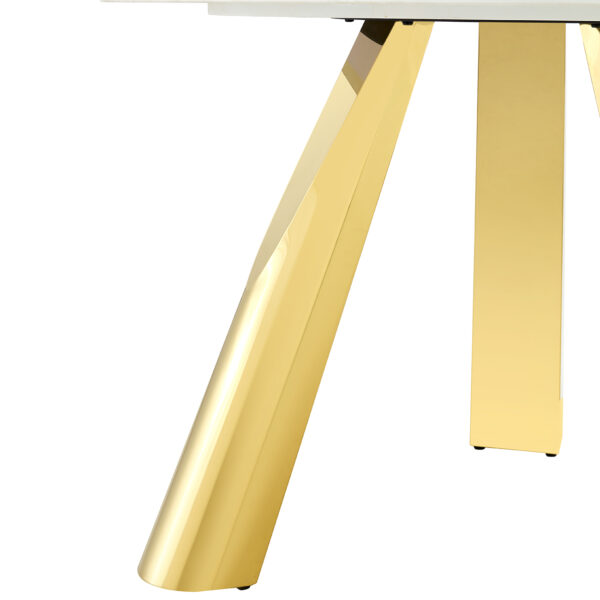 80fae088039745afbe5743d08b63d848_c202cf84ebe14481461073aa07ab2ce3 A 42-inch stainless steel white pattern burning stone round table with gold legs Round table suitable for 2, 4 or 6 people