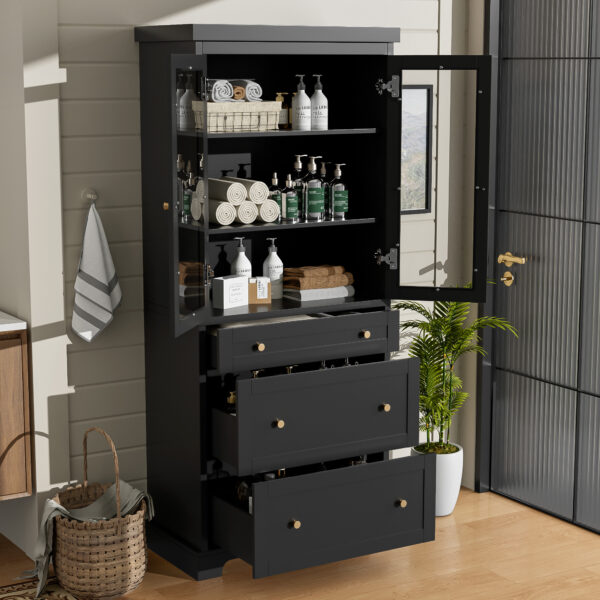 70.1" Modern High Freestanding Tall Bathroom Cabinet with 2 Adjustable Shelves, 3 Drawers, Soft Close Glass Doors – Ideal for Bathroom, Living Room, Kitchen Storage