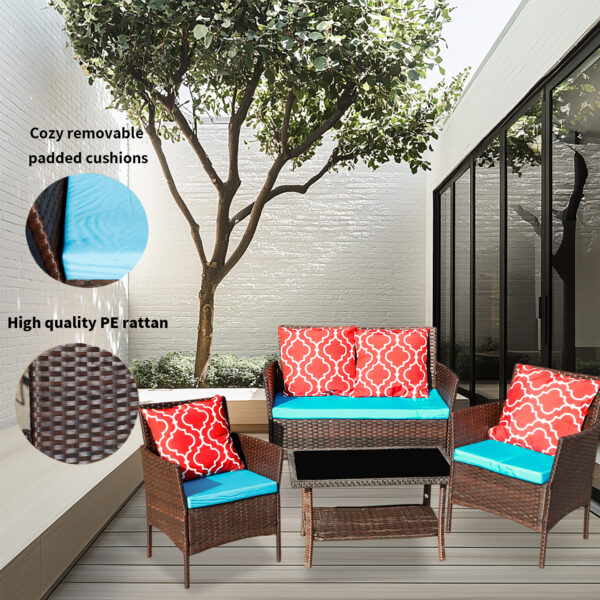 8156deb015a44dc798bad96fae40f8bb_c23c088b6982c4ec3f768d0db613abf0 Four-Piece Sofa Set Table With Sofa Chair PE Rattan Outdoor Furniture HY4-001 Box *1 With Sapphire Blue Color Cushion