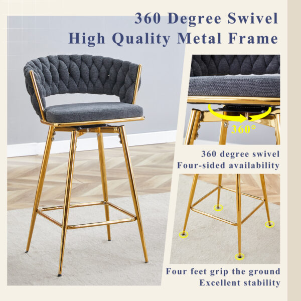 Two-piece rotating swivel chair, Dark gray cotton and linen soft seat, golden metal legs, rust-proof and wear-resistant, suitable for restaurant/bar high tables, lightweight single unit