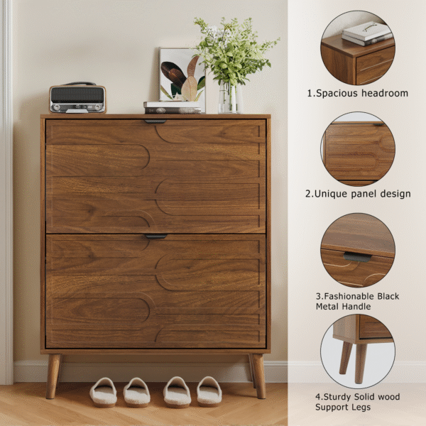 Medieval Modern Independent Shoe Cabinet, 31.5-inch Walnut Shoe Storage Cabinet,, Fence Shoe Cabinet with 2 Flip Drawers, Suitable For Corridors And Entrances