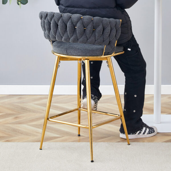Two-piece rotating swivel chair, Dark gray cotton and linen soft seat, golden metal legs, rust-proof and wear-resistant, suitable for restaurant/bar high tables, lightweight single unit
