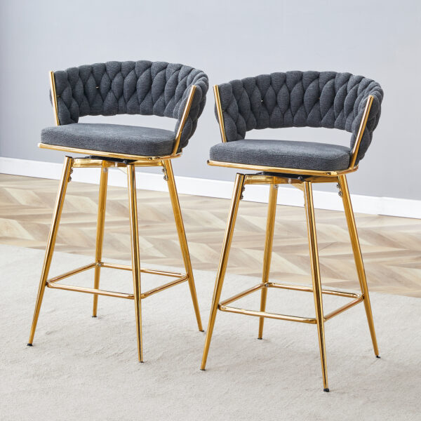 Two-piece rotating swivel chair, Dark gray cotton and linen soft seat, golden metal legs, rust-proof and wear-resistant, suitable for restaurant/bar high tables, lightweight single unit