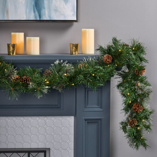 82542bf839794f5fa5ddc74e7f2d6043_3c8b19dbd8b58b22593990a6bbefd1cd 2-packed 9'X10'' Cashmere and Snow Bristle Garland with 20 Pine Cones and with 50 Warm White LED Lights with Timer-Battery Operated-Outdoor,160 Tips