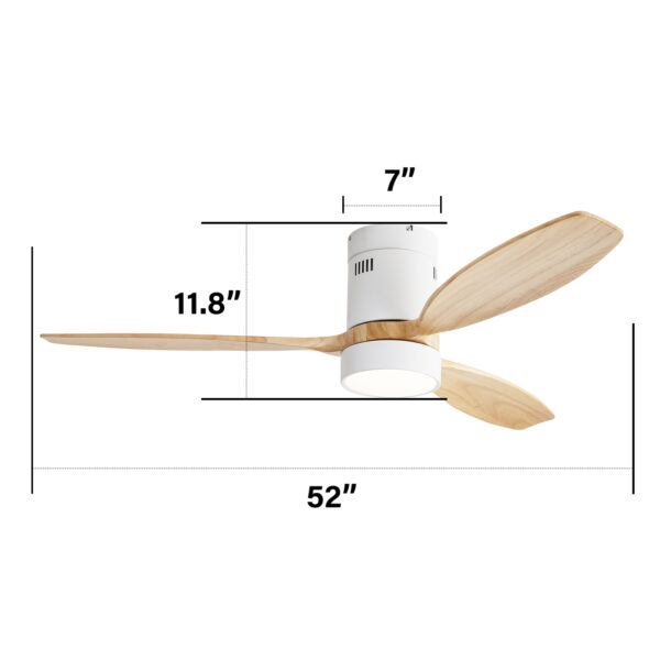 (Same as W882P244711) 52 Inch Flush Mount Ceiling Fan DC 3 Solid Wood Fan Blade Noiseless Reversible Motor Remote Control With Light