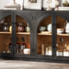 TREXM 4-Door Large Storage Sideboard Buffet Cabinet with Glass Doors, Arched Cabinet with Adjustable Shelves for Kitchen, Dining Room and Living Room (Black)