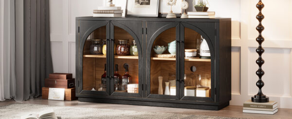TREXM 4-Door Large Storage Sideboard Buffet Cabinet with Glass Doors, Arched Cabinet with Adjustable Shelves for Kitchen, Dining Room and Living Room (Black)