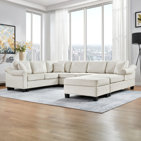 Sectional Sofa 111.8" U-shaped Sofa Chenille Upholstered Sofa Couch with Movable Storage Ottoman for Living Room, White